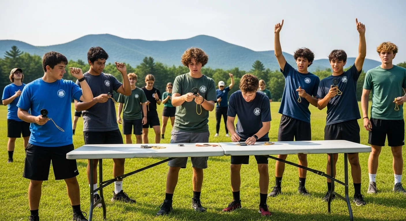 125+ Summer Camp Riddles to Solve Around the Fire (Answers) 5 Group of teenage campers participating in outdoor competition game with stopwatches and cheering teammates