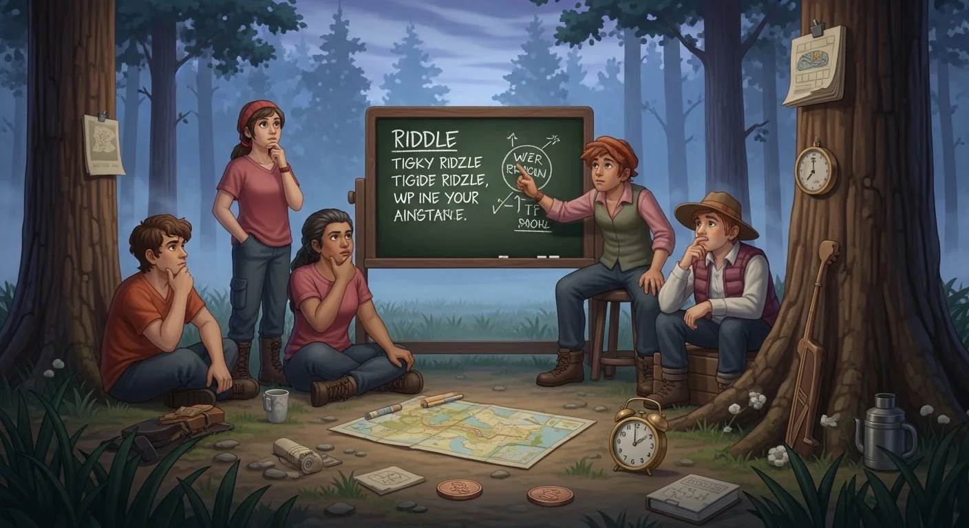 125+ Summer Camp Riddles to Solve Around the Fire (Answers) 4 Camp counselor teaching riddles on chalkboard to group of children in outdoor forest classroom setting