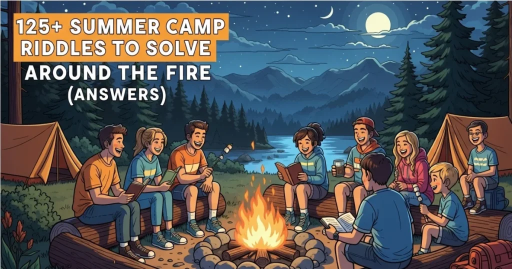 Children sitting around campfire at summer camp solving riddles with tents and mountains in background