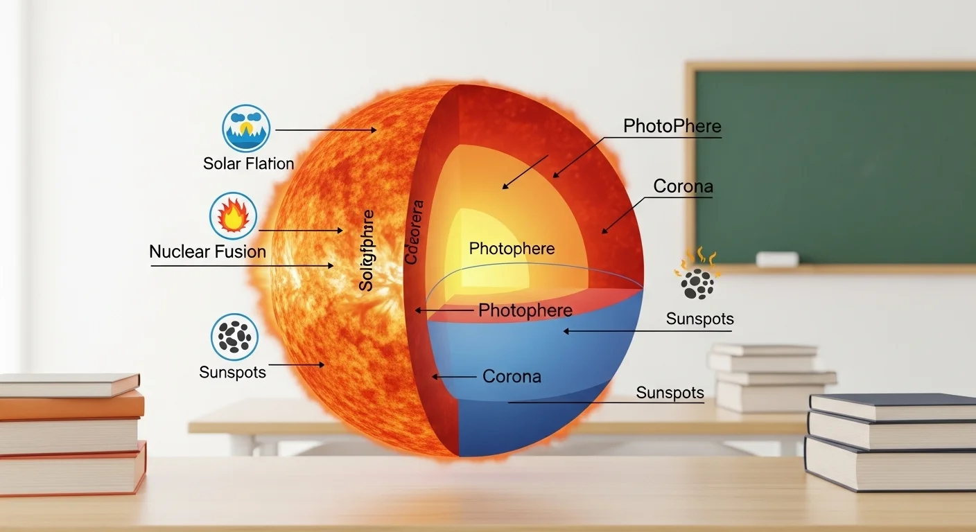 125+ Sun Riddles with Answers: A Radiant Collection for All Ages 5 Detailed sun cross-section diagram showing photosphere, corona, sunspots, and nuclear fusion in classroom setting