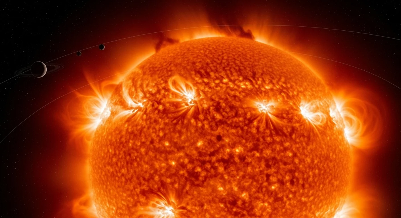 125+ Fun Solar System Riddles with Answers for Kids & Adults 11 The Sun showing massive solar flares and coronal activity with planetary orbits visible