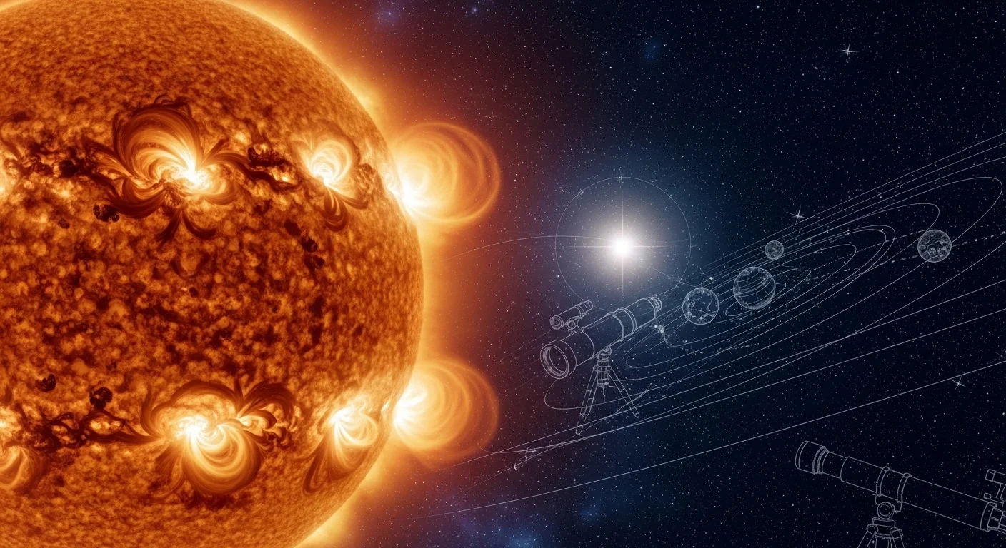 125+ Sun Riddles with Answers: A Radiant Collection for All Ages 2 Detailed view of sun with solar flares and magnetic fields alongside space telescopes for astronomical observation