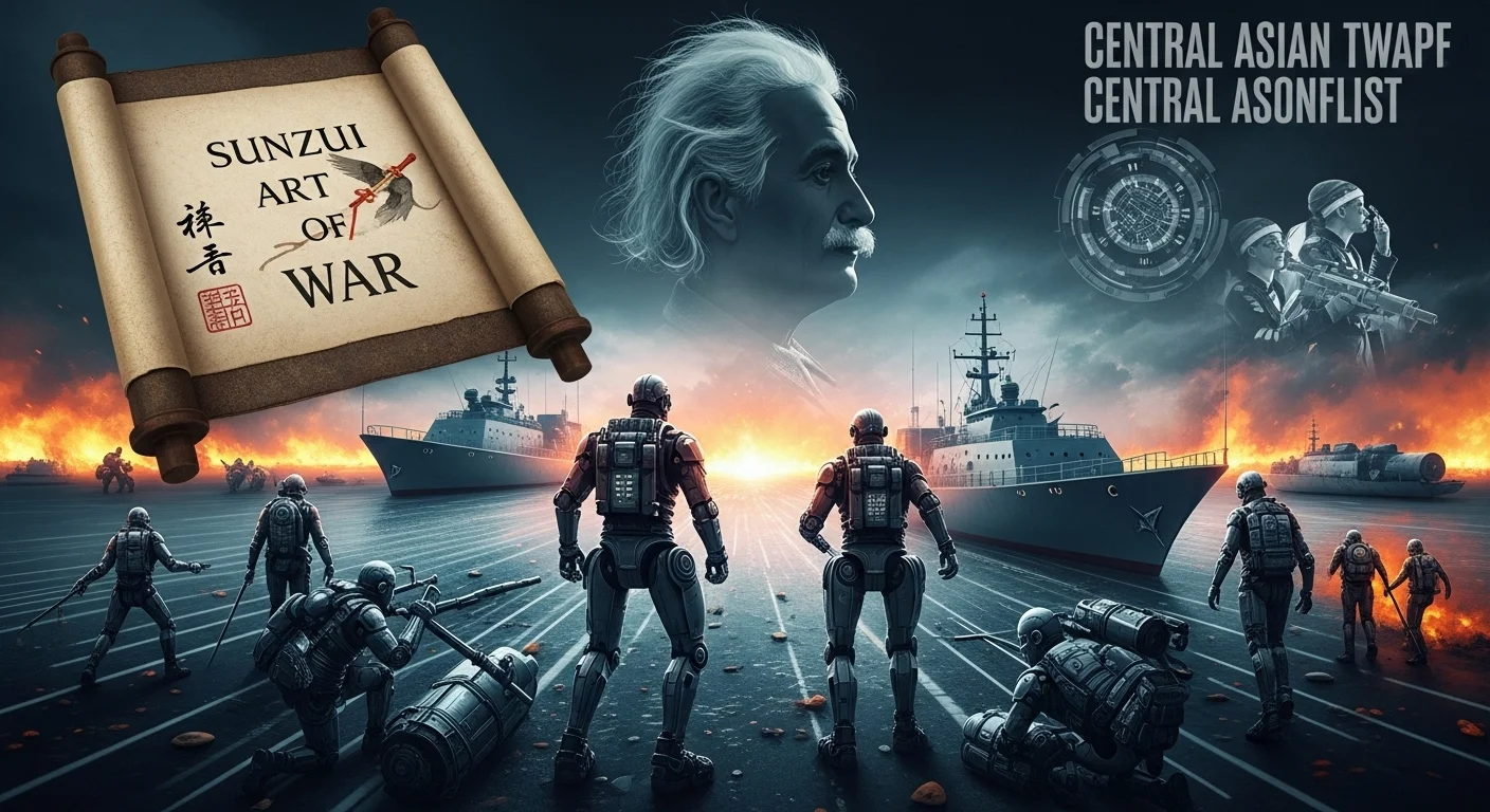 150+ World War 3 Riddles & Answers (Real-World Conflict References) 15 Sun Tzu Art of War themed military strategy illustration with Central Asian forces and naval operations