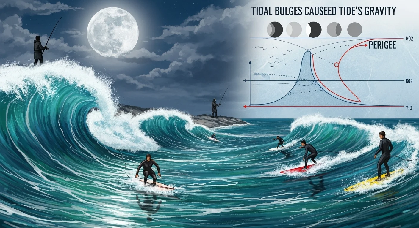 125+ Celestial Moon Riddles for Stargazers with Answers 13 Ocean tidal bulges caused by moon's gravity with diagram showing perigee effects and surfers riding large waves under full moon