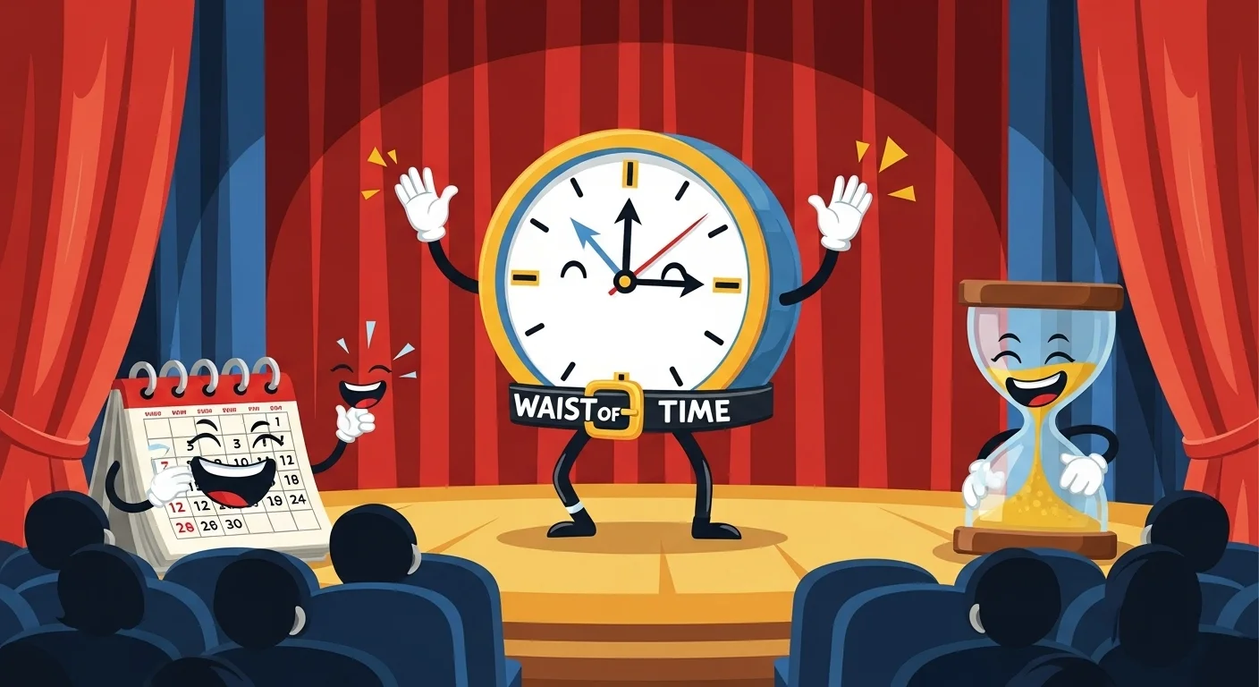 125+ Age Riddles with Answers: A Fun and Challenging Collection 3 Animated clock character performing on stage with calendar and hourglass representing time-based riddles