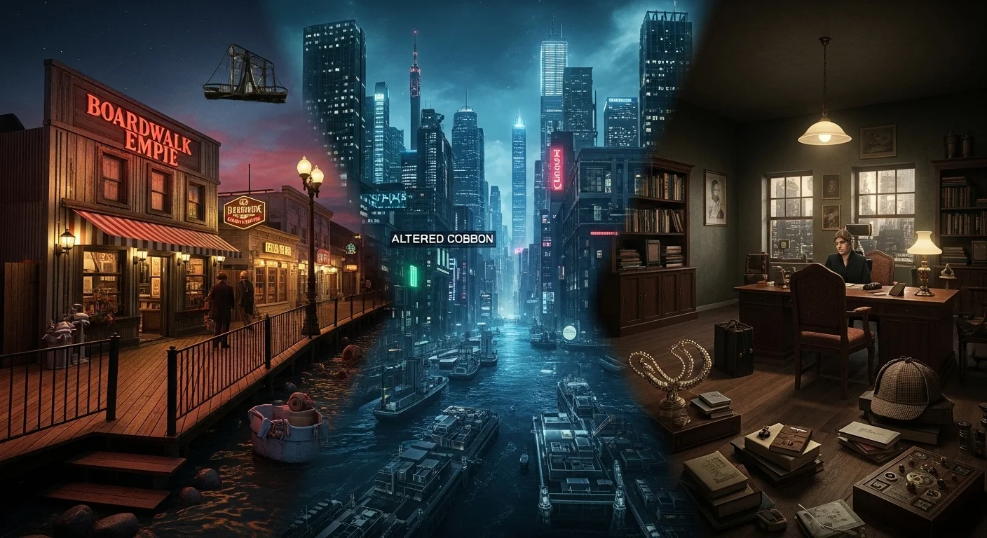 125+ Television Riddles to Test Your Show Knowledge (Answers) 4 Creative TV genre mashup showing Boardwalk Empire boardwalk, Altered Carbon cityscape, and Sherlock Holmes study