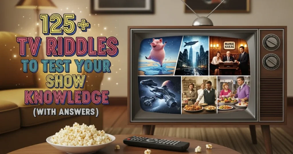 Vintage television displaying TV show riddles quiz with 125+ questions, popcorn bowl and remote control