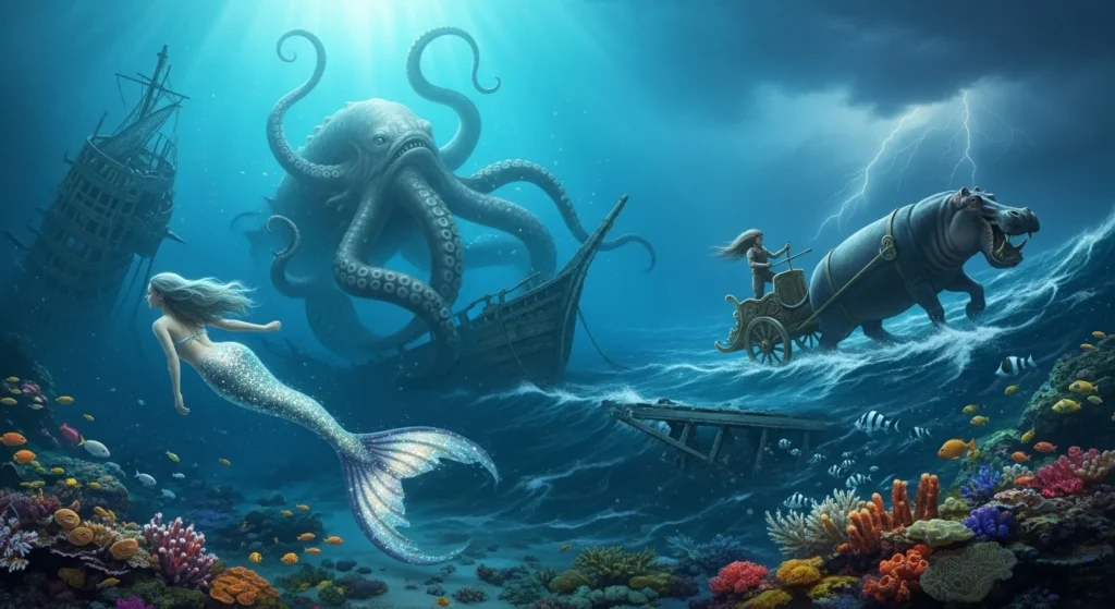 150+ Sea Animal Riddles & Answers to Spark Curiosity and Fun 6 Fantasy underwater scene with mermaid, giant octopus attacking shipwreck, sea monster pulling carriage, and coral reef with tropical fish