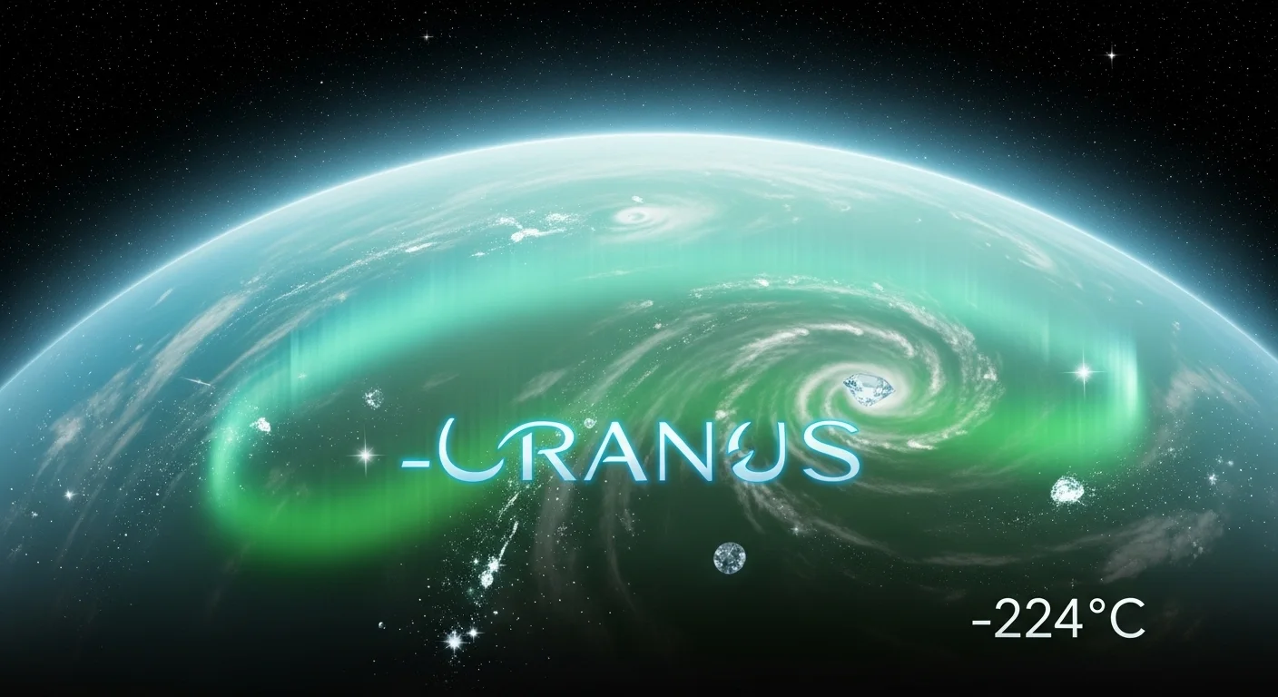 Uranus planet showing green atmospheric storms and swirling cloud patterns with temperature reading -224°C against starry space background