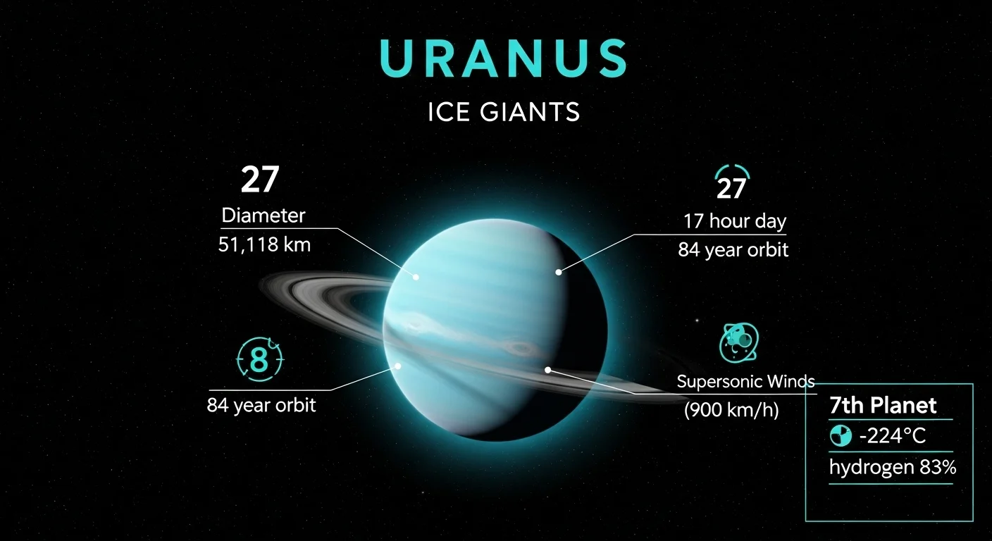 Uranus ice giant infographic showing 27 moons, 51,118 km diameter, 17-hour day, 84-year orbit, and supersonic winds