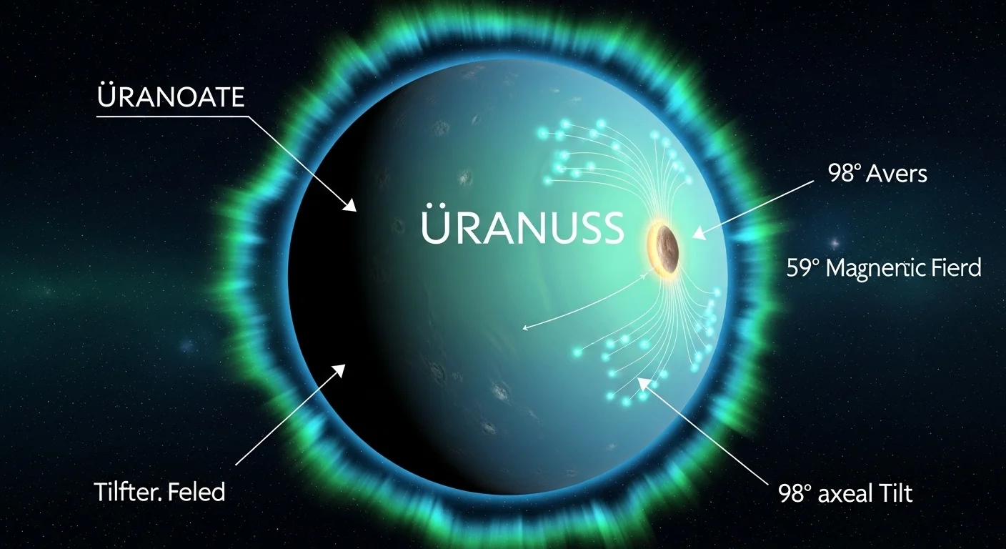 Uranus infographic showing 51,118 km diameter, 27 moons, 17-hour day, 84-year orbit, supersonic 900 km/h winds, and 83% hydrogen composition