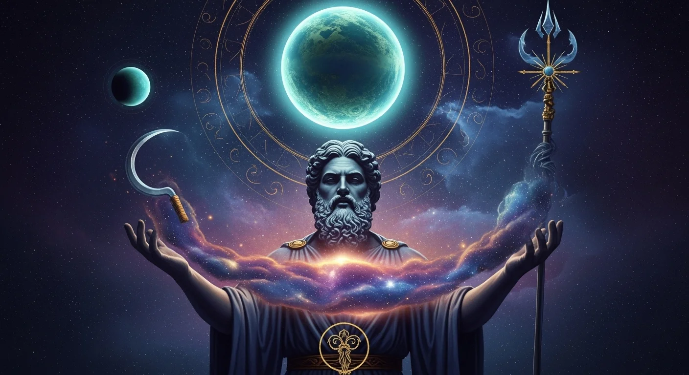 Mythological representation of Uranus as Greek god of the sky with trident, cosmic energy, and the planet Uranus glowing above in celestial astronomical artwork