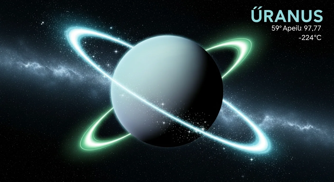 Detailed view of Uranus showing planet's blue-green surface with glowing rings at 59° Apeilu 97.77 and temperature of -224°C