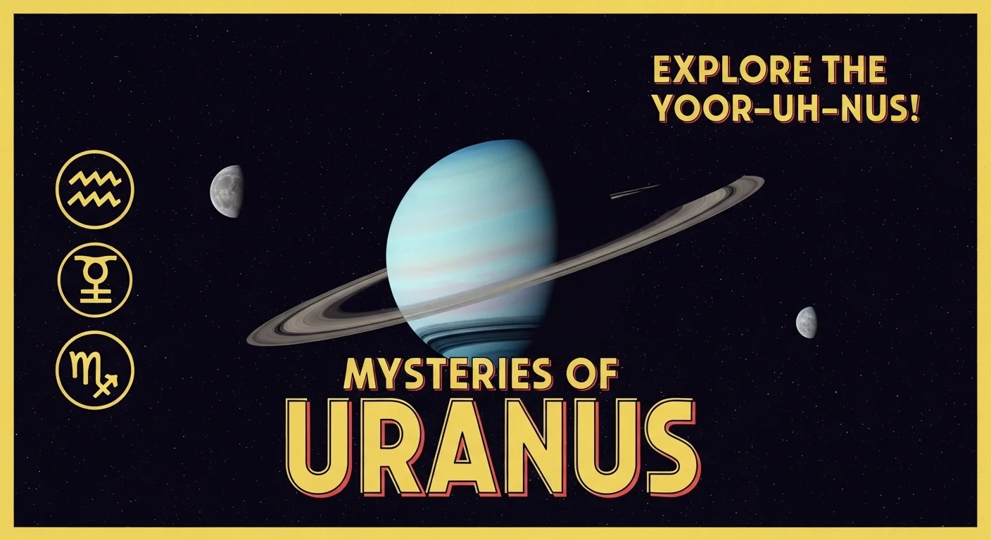 Uranus planet infographic showing ice giant with rings and moons against starry space background with astrological symbols