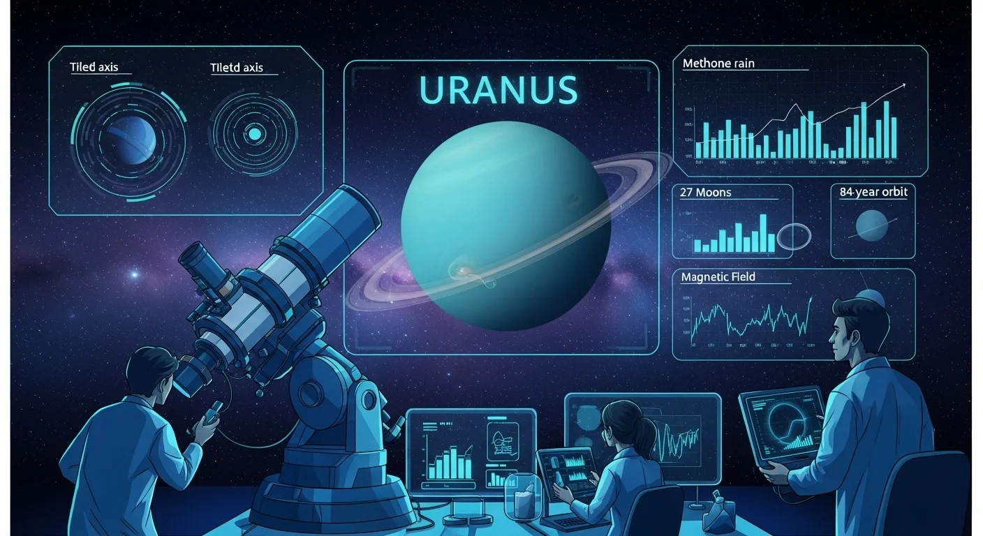 Scientists studying Uranus data in observatory with telescope, displaying planet information including tilted axis, 27 moons, and methane rain