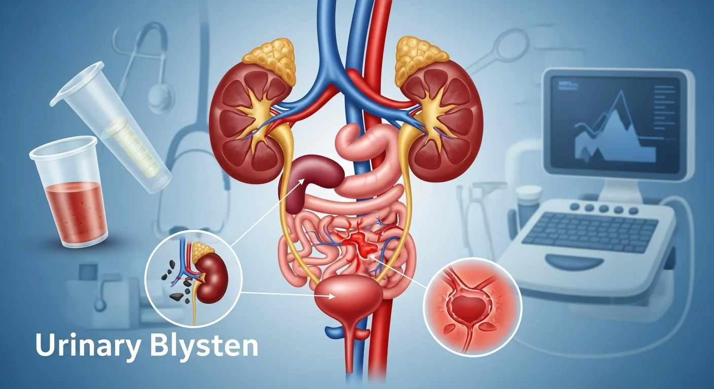 125+ Disease Riddles to Test Your Medical IQ (Answers Inside) 8 Medical illustration of urinary system showing kidneys, bladder, ureters with laboratory testing equipment and ultrasound imaging