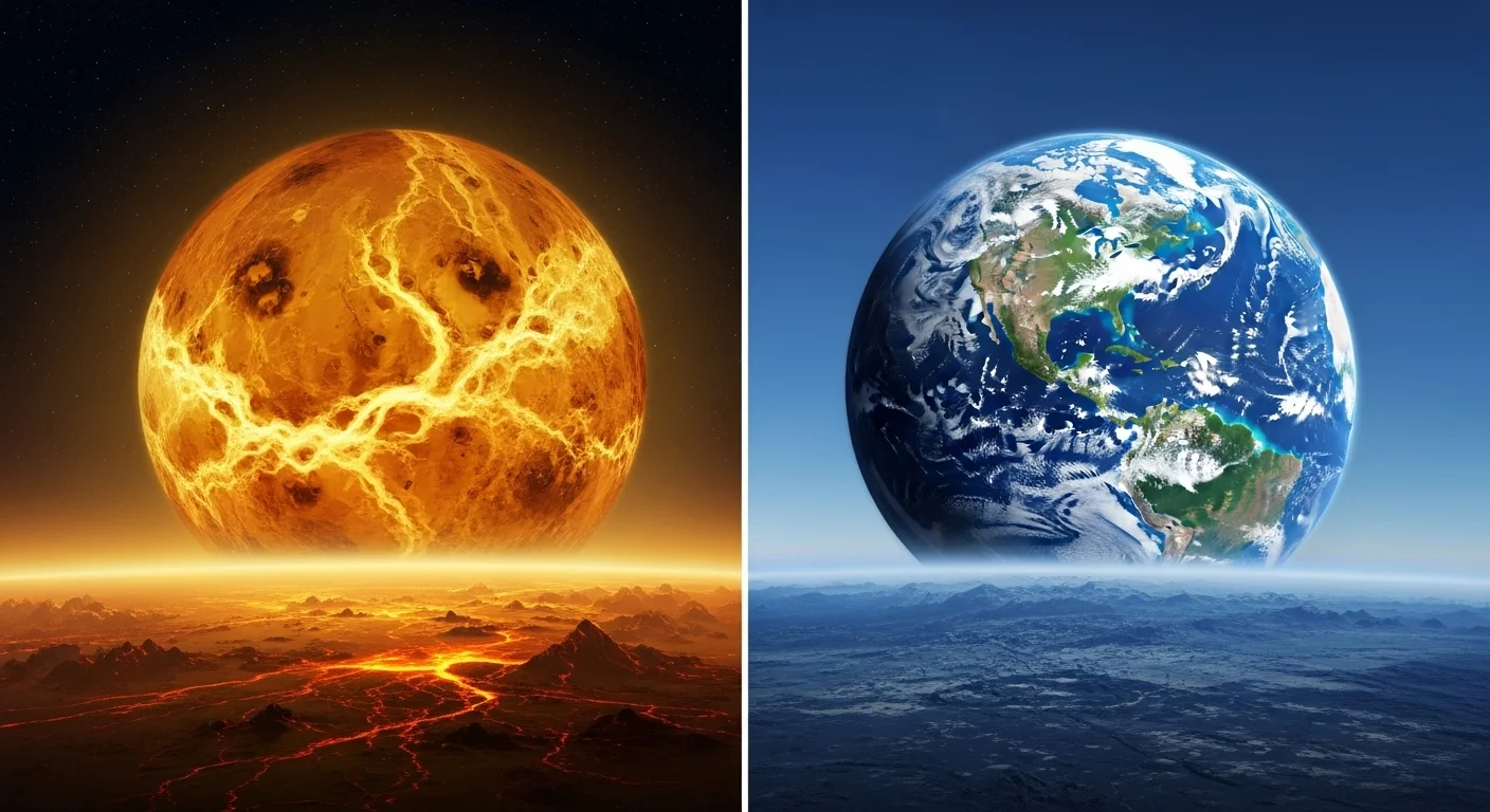 125+ Venus Riddles: Unravel the Mysteries to Test Your Cosmic Knowledge 5 Side-by-side comparison of planet Venus with volcanic surface and planet Earth with blue oceans and continents