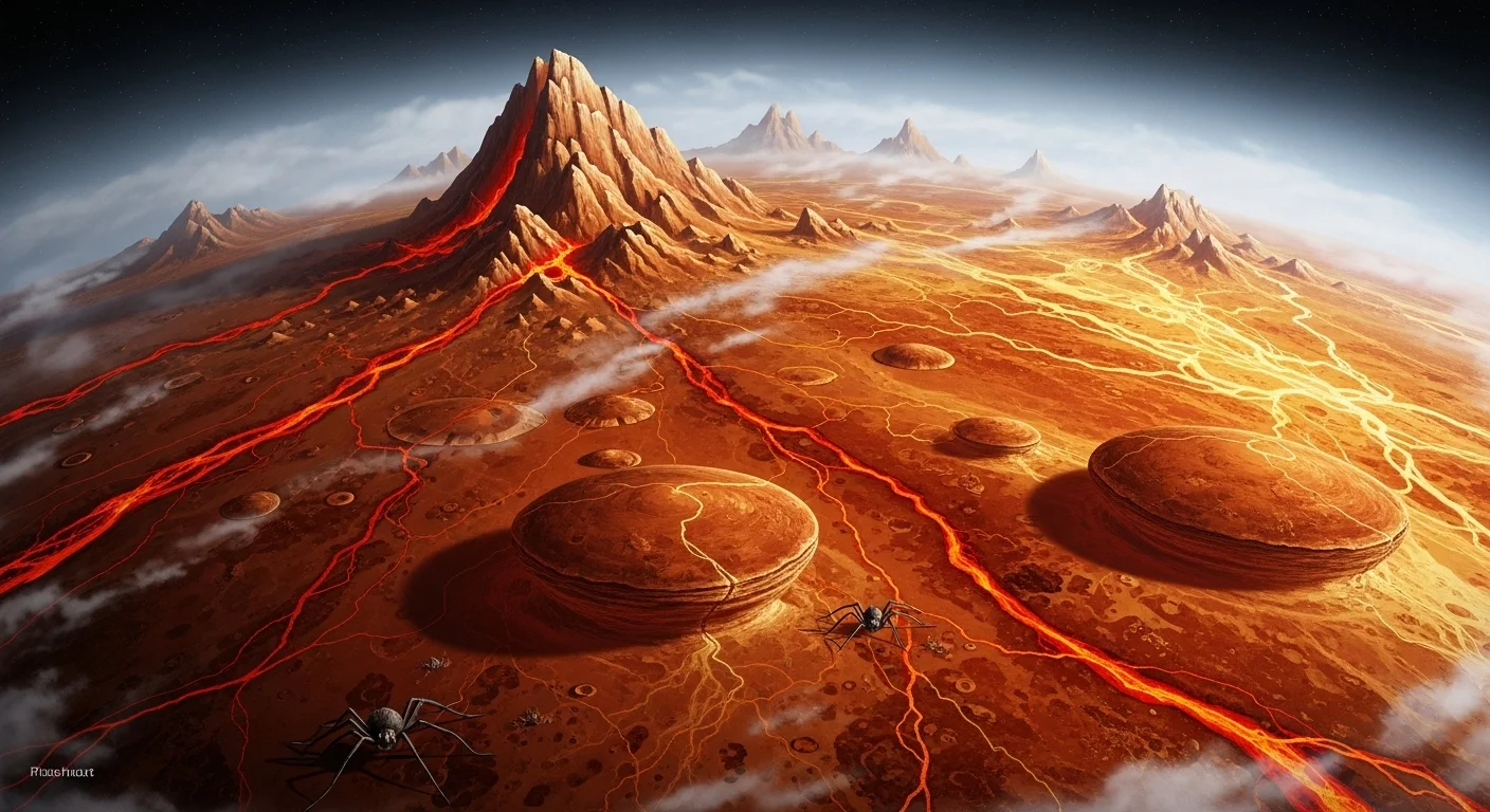 125+ Venus Riddles: Unravel the Mysteries to Test Your Cosmic Knowledge 6 Venus planet surface showing volcanic mountains, lava flows, and robotic exploration rovers on alien terrain