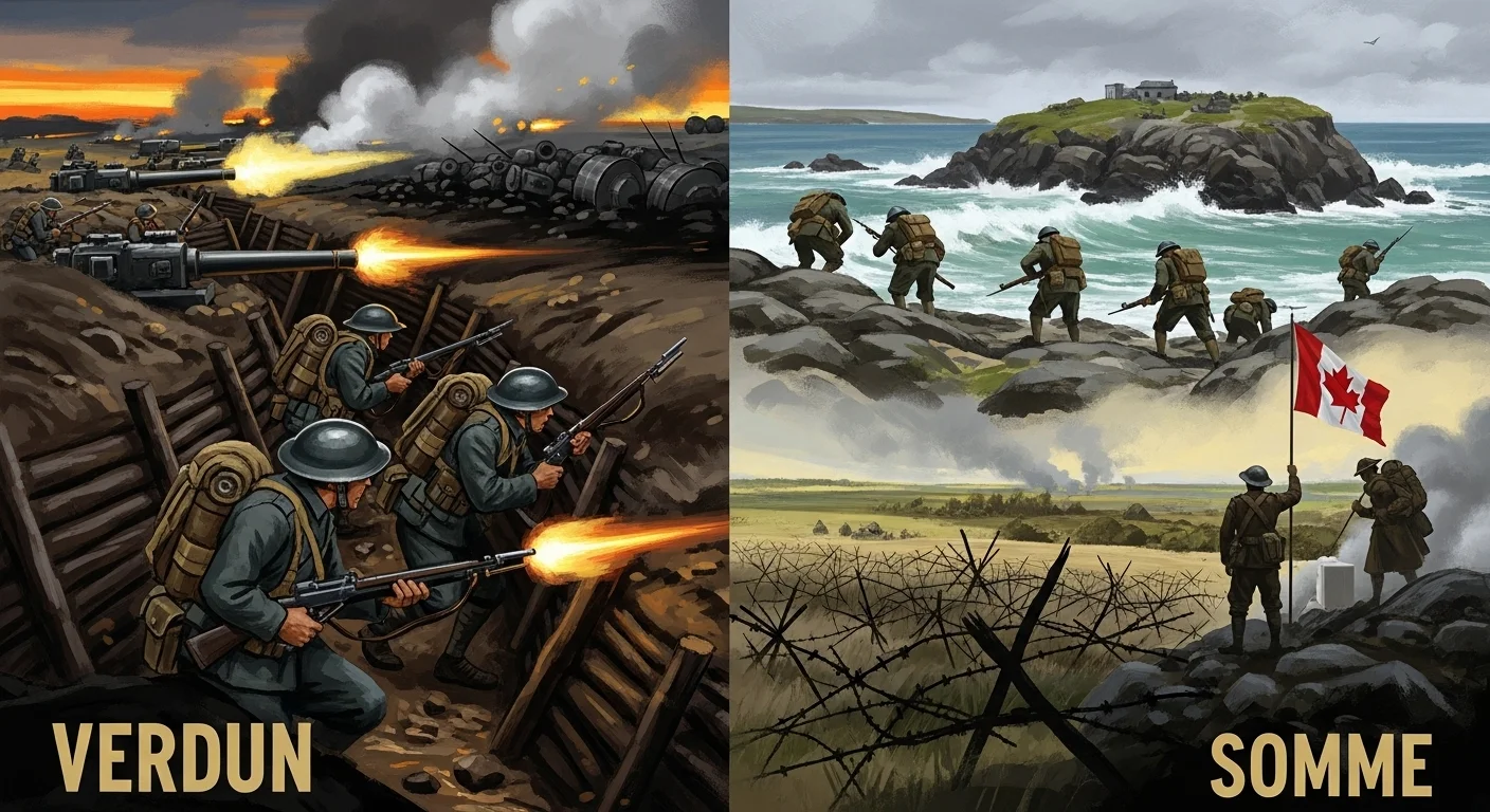 125+ World War 1 Riddles & Answers: Test Your Great War Knowledge 3 Split image showing Battle of Verdun trench warfare and Battle of Somme with Canadian forces