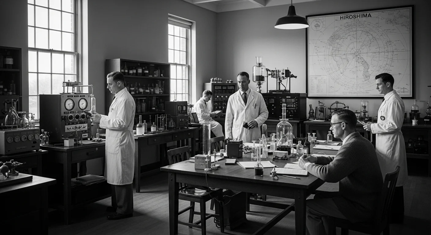 125+ Nuclear Weapon Riddles (Atomic Bomb Trivia & Answers) 2 Black and white vintage laboratory scene with scientists in white coats working on nuclear research with Hiroshima map visible