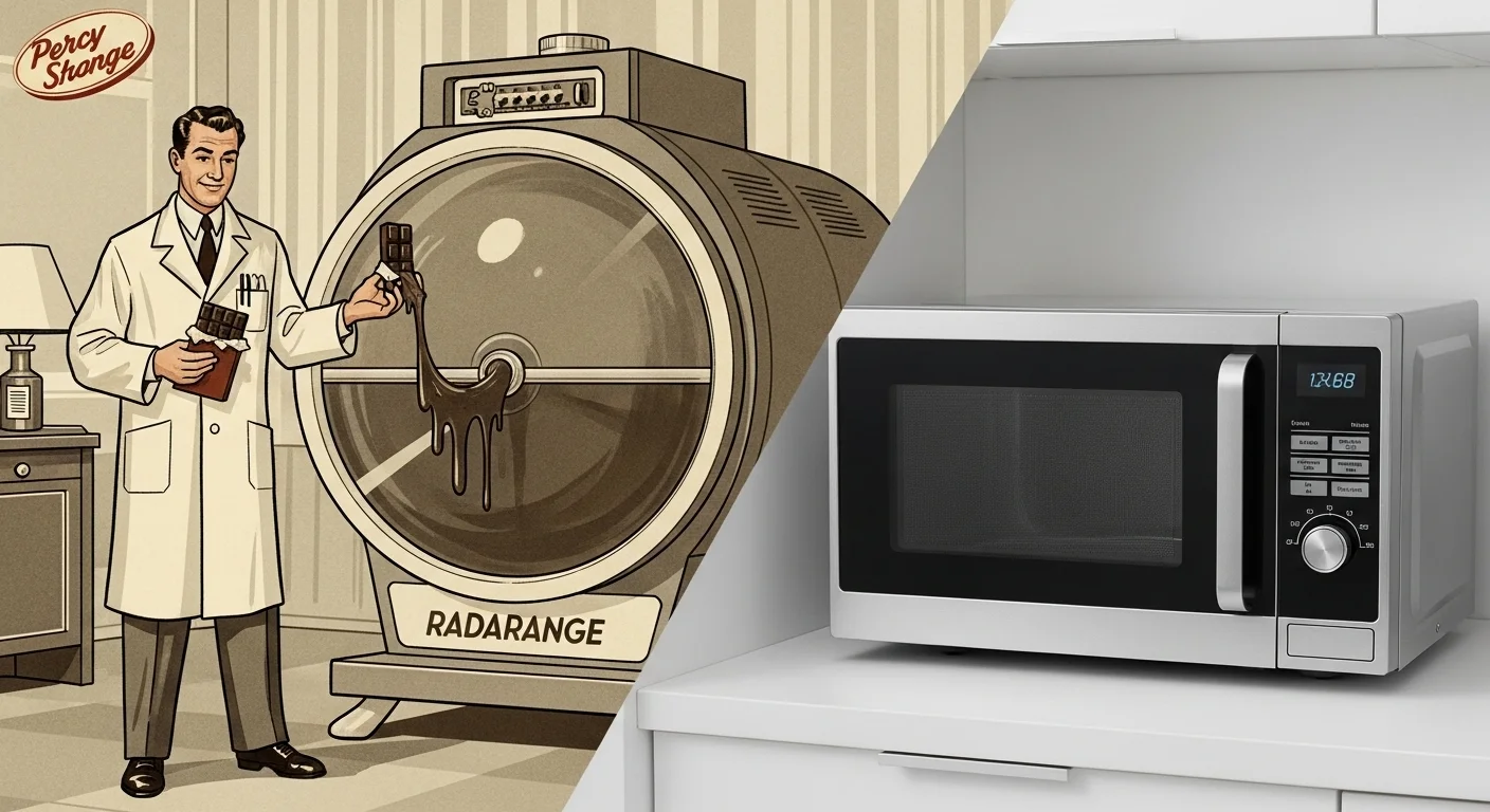 Split image comparing vintage 1950s Radarange microwave with scientist to modern countertop microwave