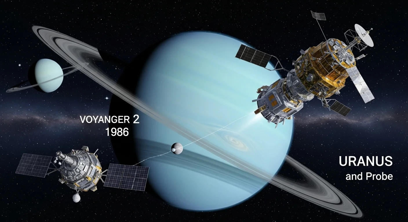 Voyager 2 spacecraft approaching Uranus in 1986 with detailed view of the planet's rings, moons, and blue-green atmosphere during historic flyby mission
