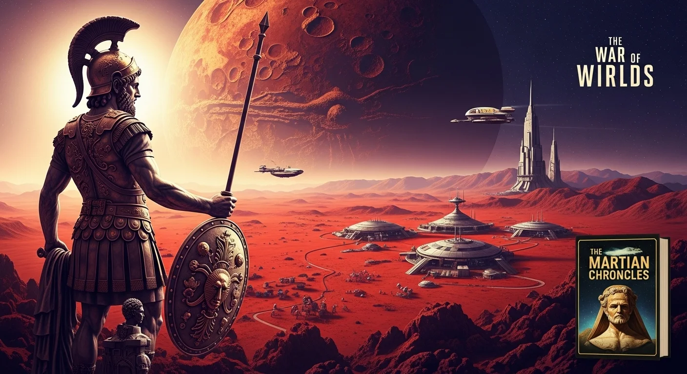 Roman warrior confronting alien invasion with Martian spacecraft and futuristic city in background
