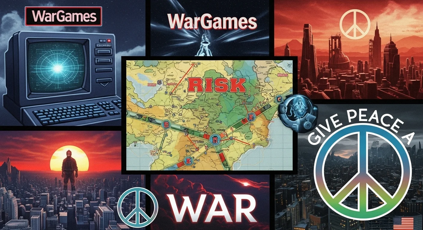 150+ World War 3 Riddles & Answers (Real-World Conflict References) 8 Collage featuring WarGames movie references, Risk board game, peace symbols, and strategic warfare gaming elements