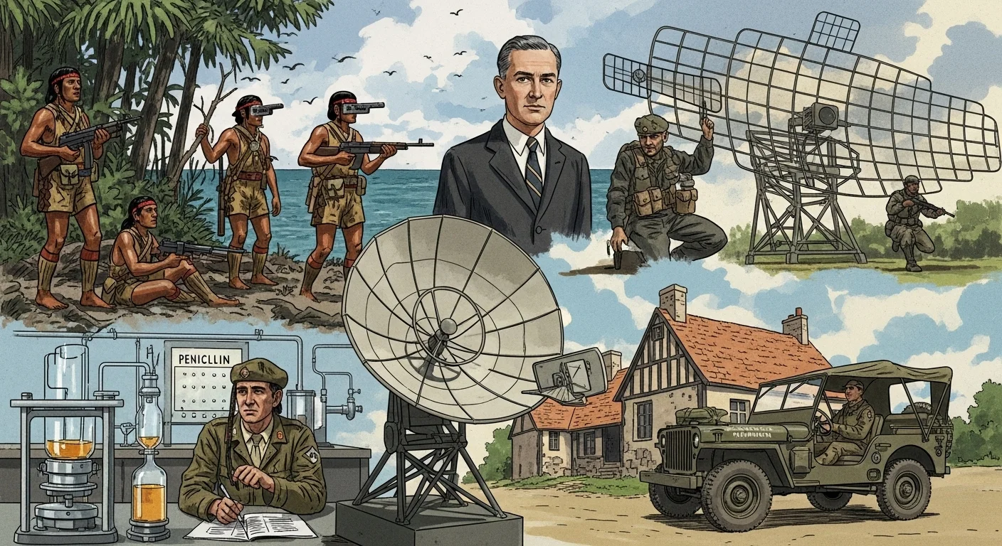 125+ World War 2 Riddles & Answers: Journey Through History 20 Wartime communication technology illustration showing military personnel, radar equipment, satellite dish, penicillin production, and vintage military vehicles in comic book style
