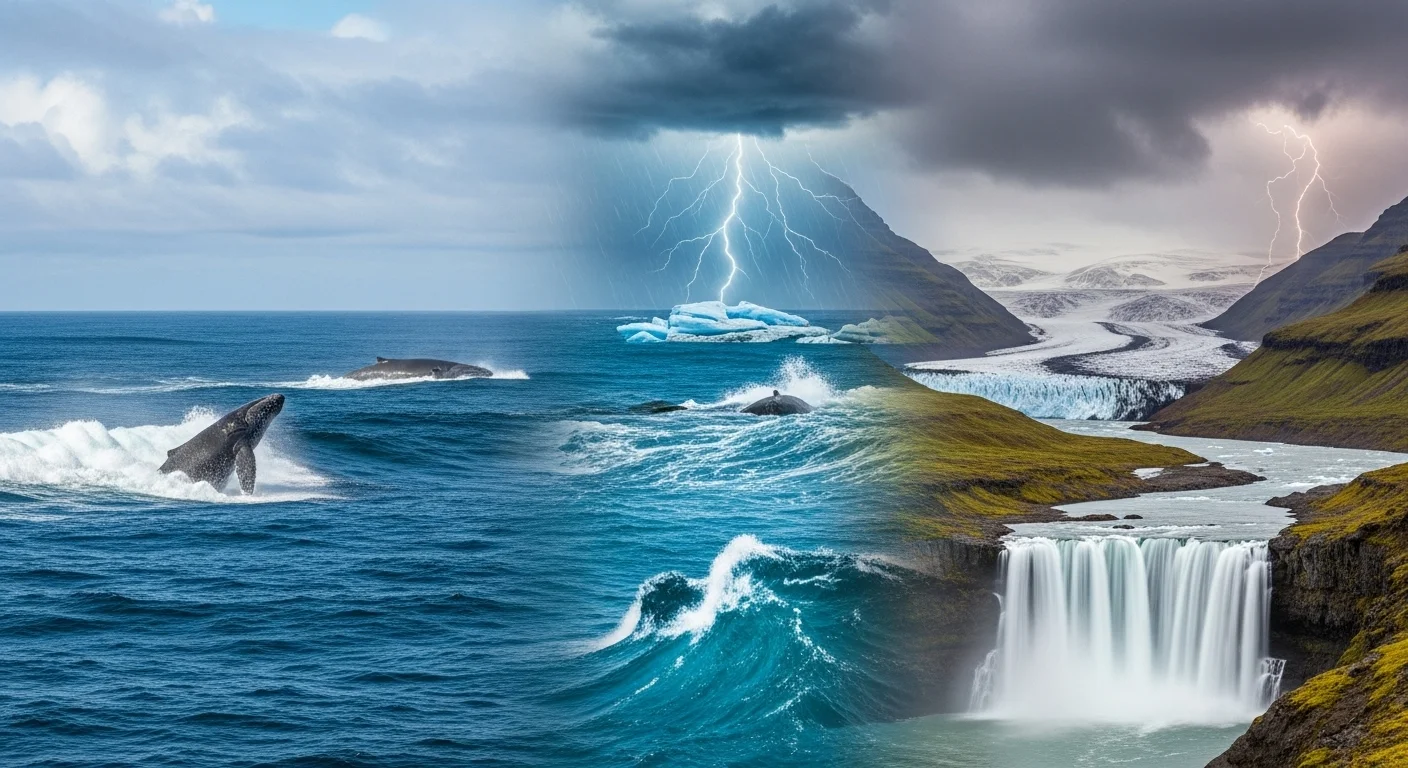 150+ Clever Water Riddles to Challenge and Delight 2 Dramatic water cycle scene with whales, lightning, glaciers, waterfall and ocean waves in Iceland