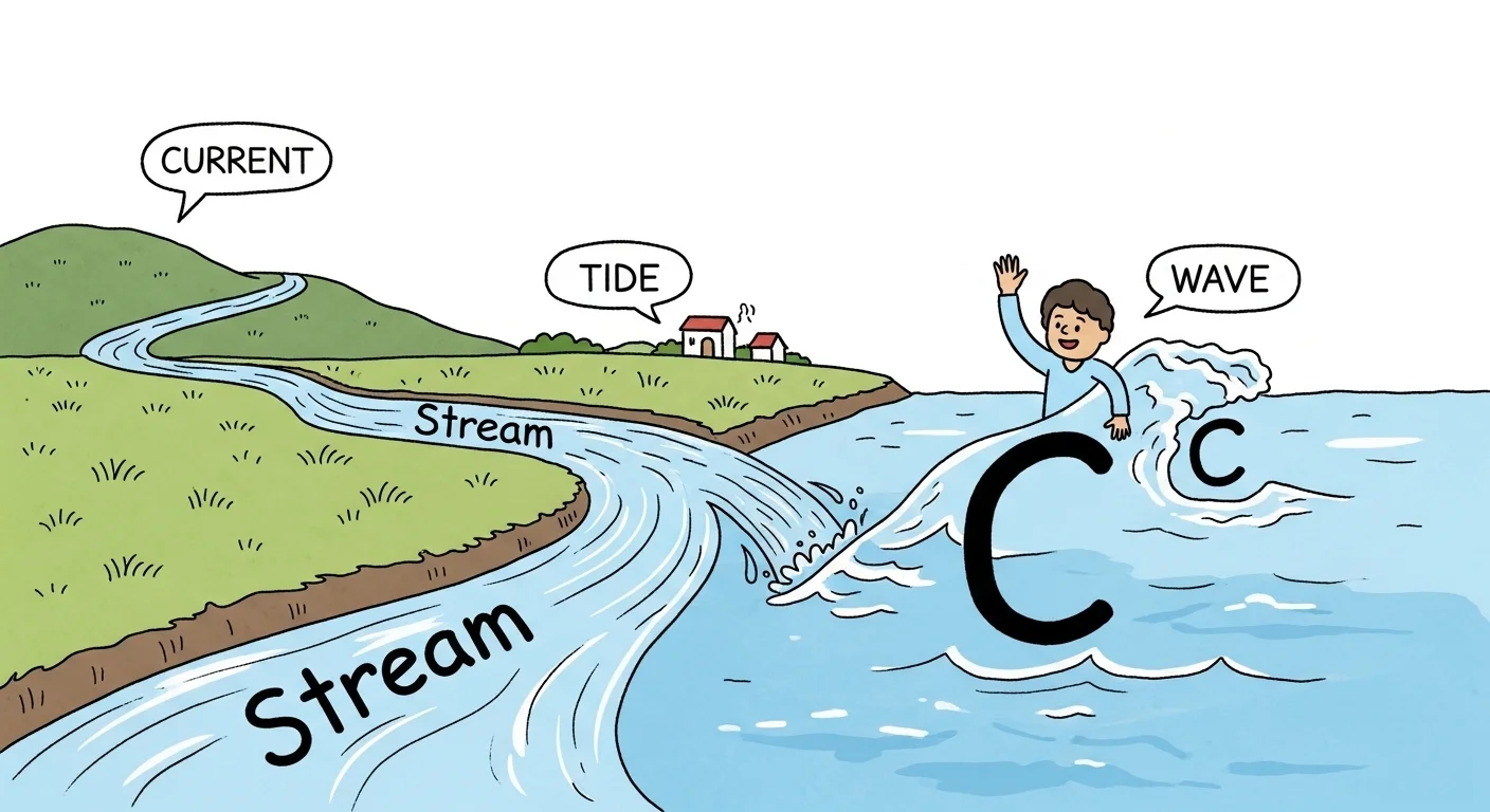 150+ Clever Water Riddles to Challenge and Delight 4 Educational water geography diagram showing stream, ocean current, tide, and wave terminology with cartoon child