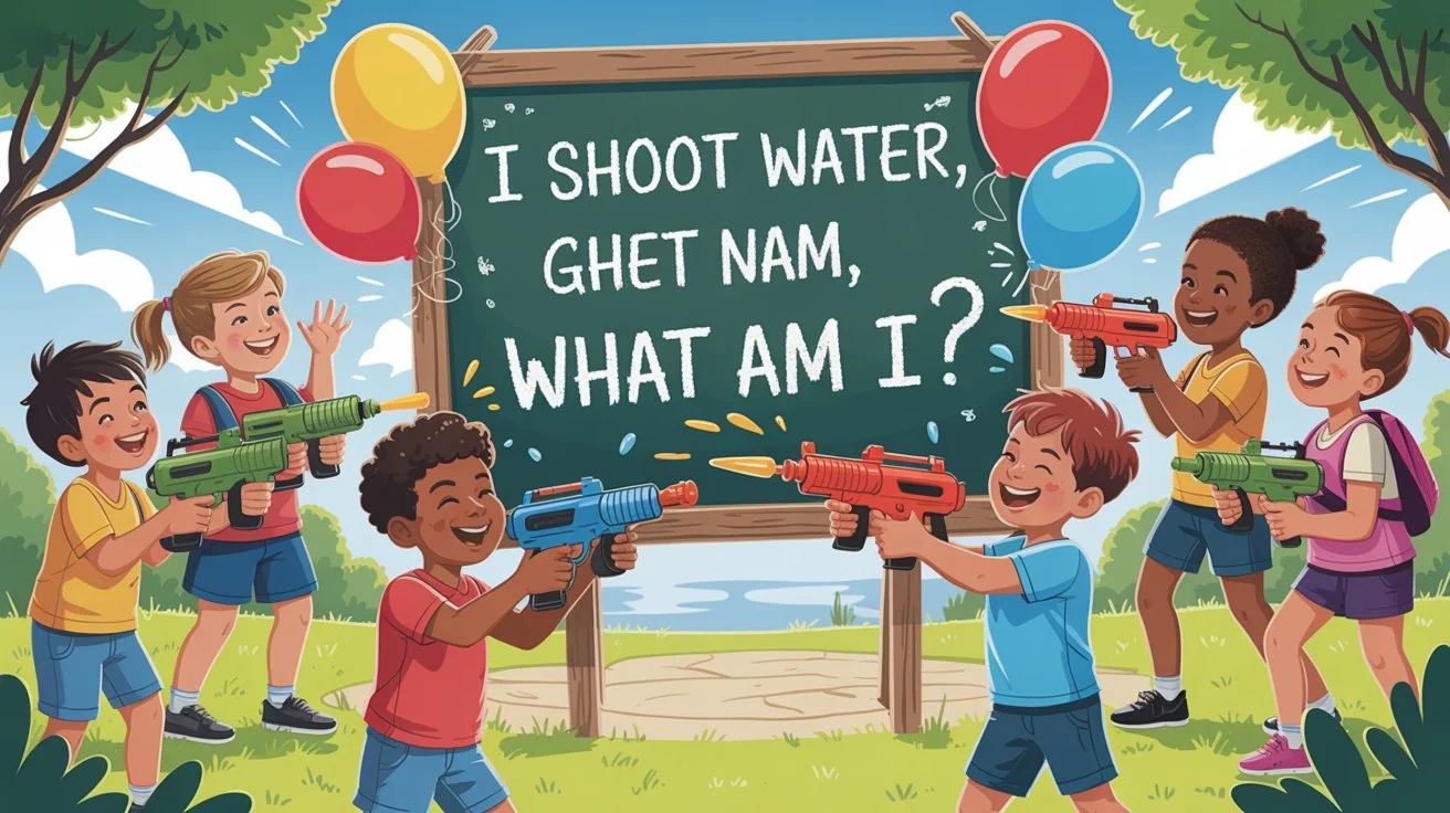 Ultimate Collection: 125+ Mind-Bending Gun Riddles with Answers 1 Happy diverse children playing with colorful water guns in a playground setting with chalkboard showing riddle "I shoot water, ghet nam, what am I?"