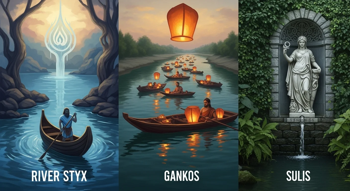 150+ Clever Water Riddles to Challenge and Delight 6 Three panels showing River Styx with mythical boat, Gankos lantern festival on water, and Sulis Roman water goddess statue
