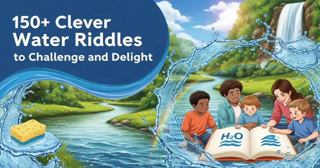 150+ Clever Water Riddles book cover featuring children reading by a waterfall with H2O symbols