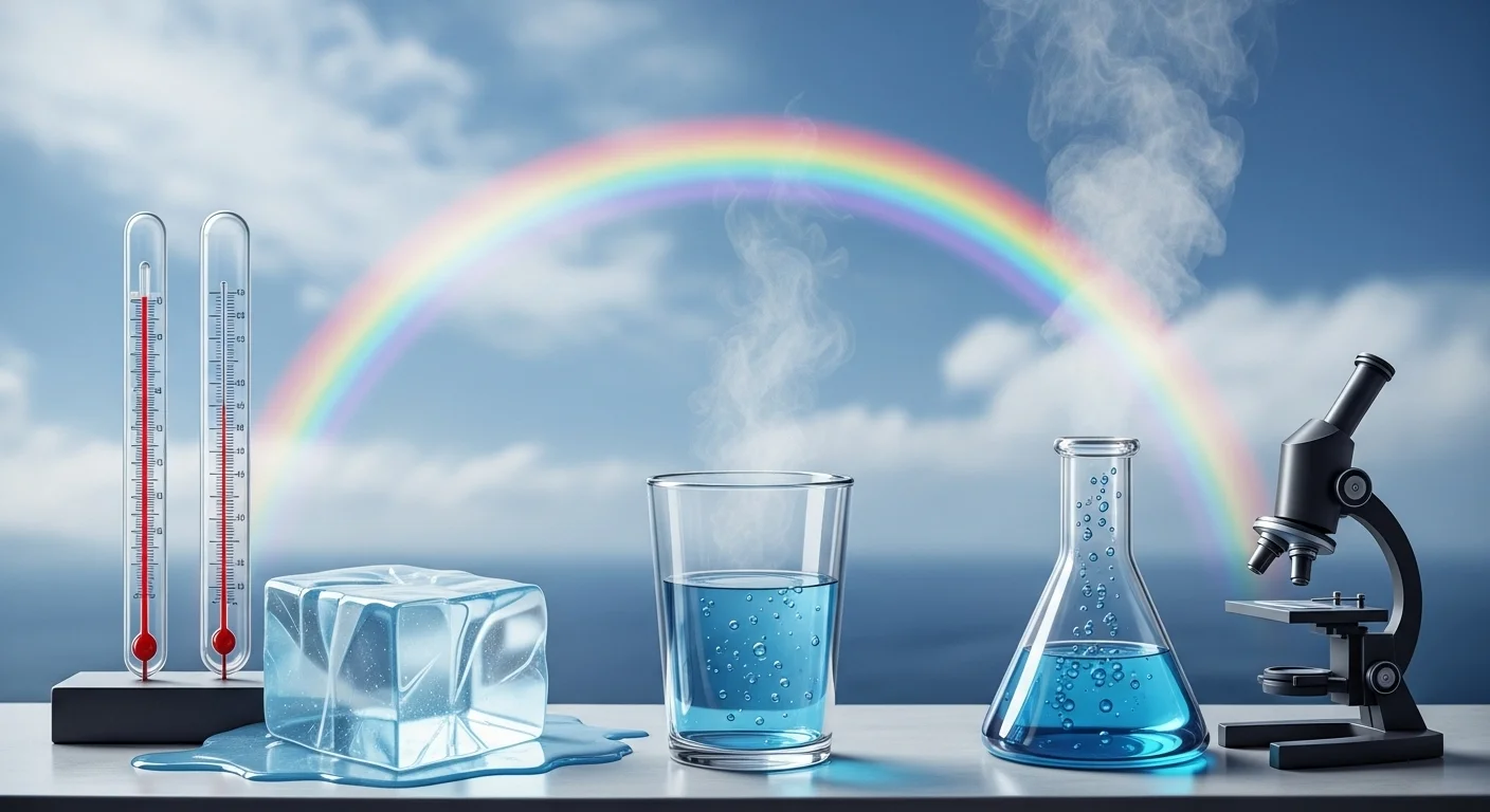 150+ Clever Water Riddles to Challenge and Delight 1 Water science laboratory setup with thermometers, beakers, ice cube, and microscope under rainbow sky