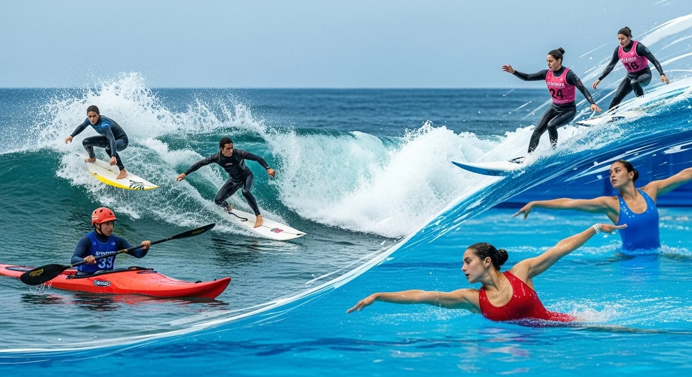 150+ Clever Water Riddles to Challenge and Delight 7 Dynamic water sports scene showing surfers riding waves, kayaker paddling, and synchronized swimmers in pool
