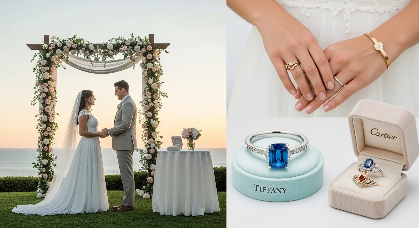125+ Sparkling Ring Riddles (Can You Solve Them All?) 3 Beach wedding ceremony with couple exchanging rings, featuring luxury engagement rings from Tiffany and Cartier brands