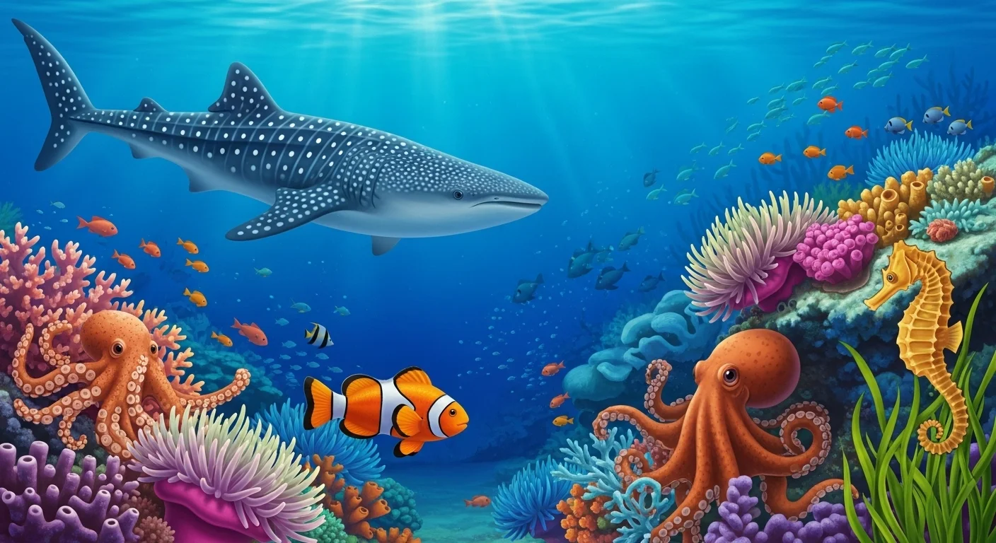 125+ Sea Riddles with Answers: Dive into the Depths of Mystery and Fun 2 Whale shark swimming through coral reef with clownfish, octopus, seahorse and tropical marine life