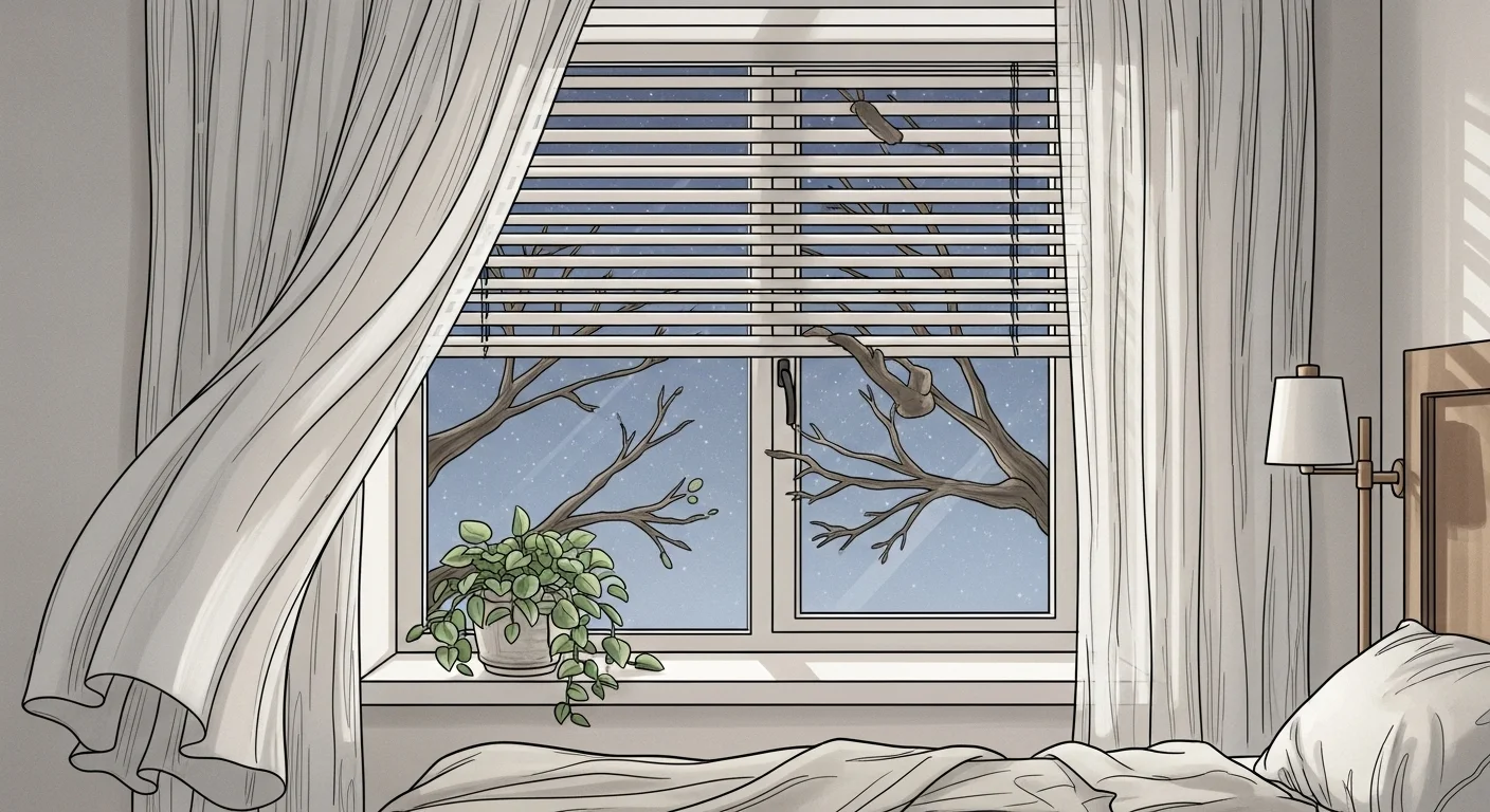 125+ Bedroom Riddles with Answers: Fun and Engaging Puzzles 13 Bedroom window with horizontal blinds and curtains overlooking winter tree branches and snow