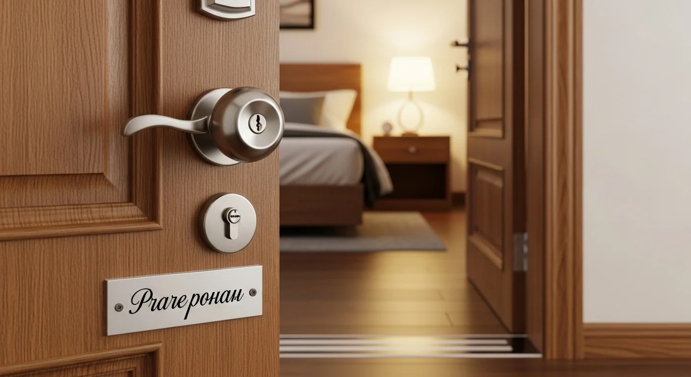 125+ Bedroom Riddles with Answers: Fun and Engaging Puzzles 12 Elegant wooden bedroom door with metal handle, lock, and personalized nameplate