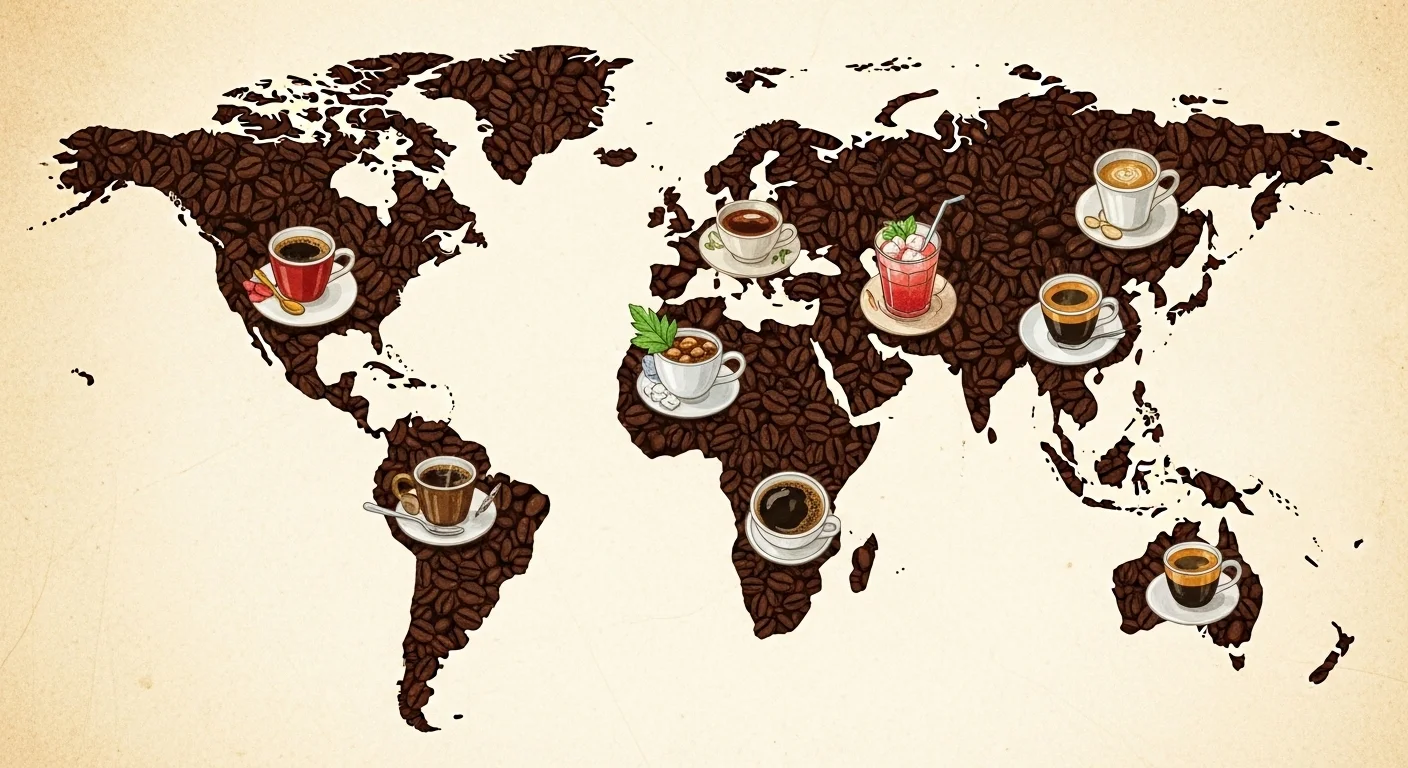 125+ Coffee Riddles with Answers: A Brew of Brain Teasers for Coffee Lovers 7 Creative world map made of coffee beans showing different coffee drinks from various countries and regions