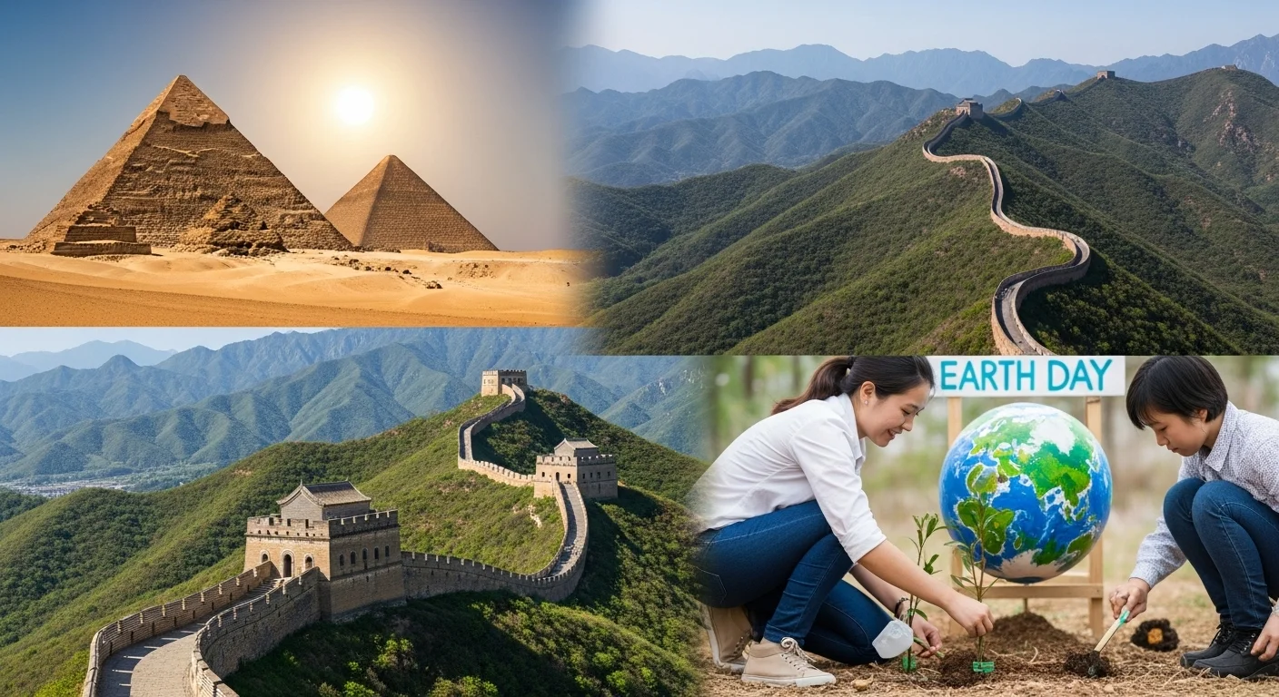 150+ Earth Riddles to Test Your Planet IQ (With Answers!) 6 Collage of world landmarks including Egyptian pyramids, Great Wall of China, and children planting trees for Earth Day