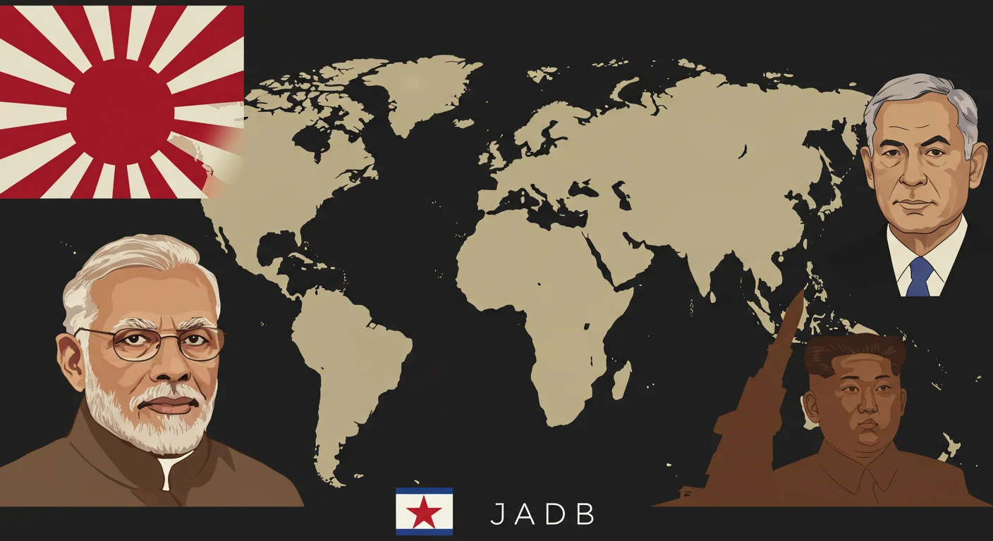 150+ World War 3 Riddles & Answers (Real-World Conflict References) 3 World map showing portraits of international political leaders with Japanese rising sun flag and country markers