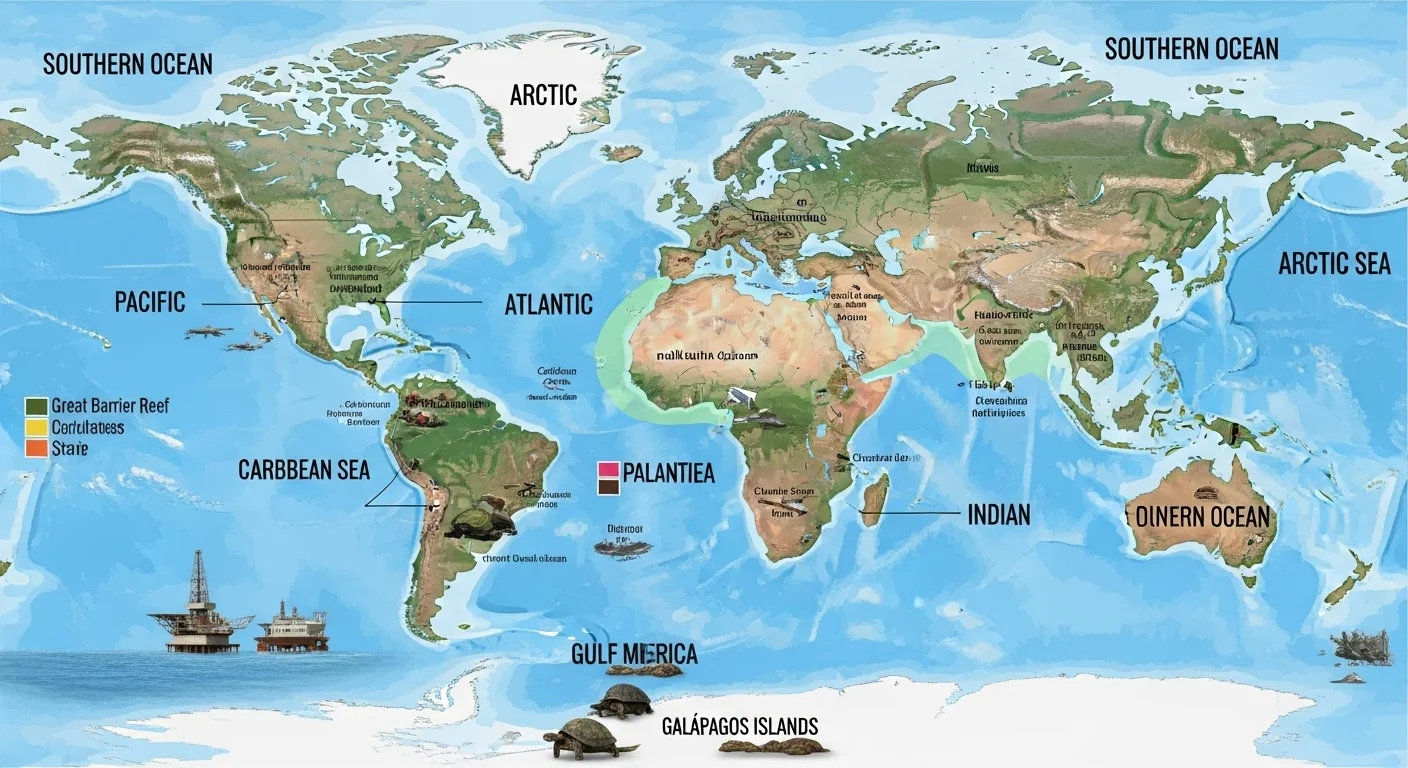 125+ Ocean Riddles & Answers to Challenge Your Mind 6 Detailed world map showing all major oceans including Pacific, Atlantic, Indian, Arctic, Southern Ocean, Caribbean Sea, and marine ecosystems like Great Barrier Reef and Galapagos Islands
