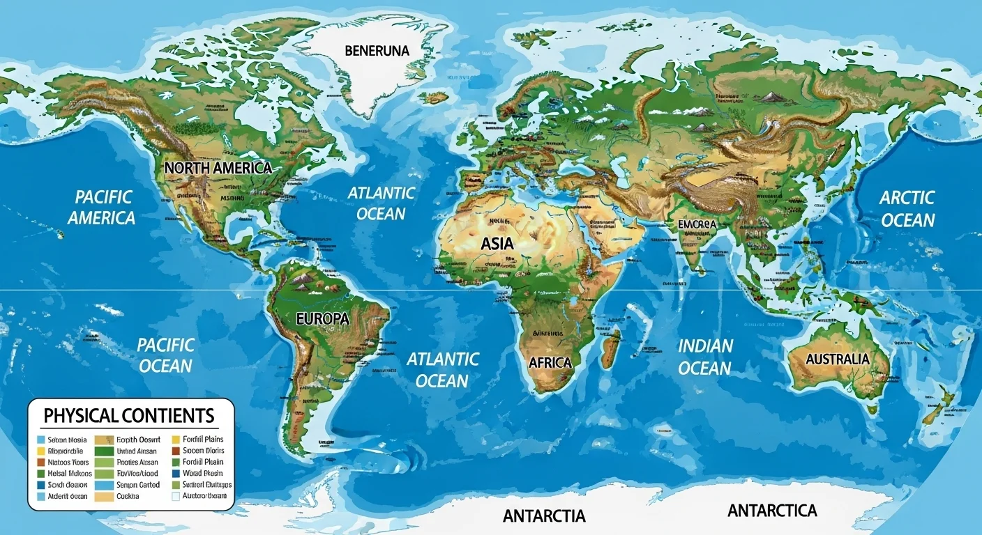 150+ Earth Riddles to Test Your Planet IQ (With Answers!) 1 Detailed physical world map showing all seven continents, major oceans, and topographical features with color-coded terrain types