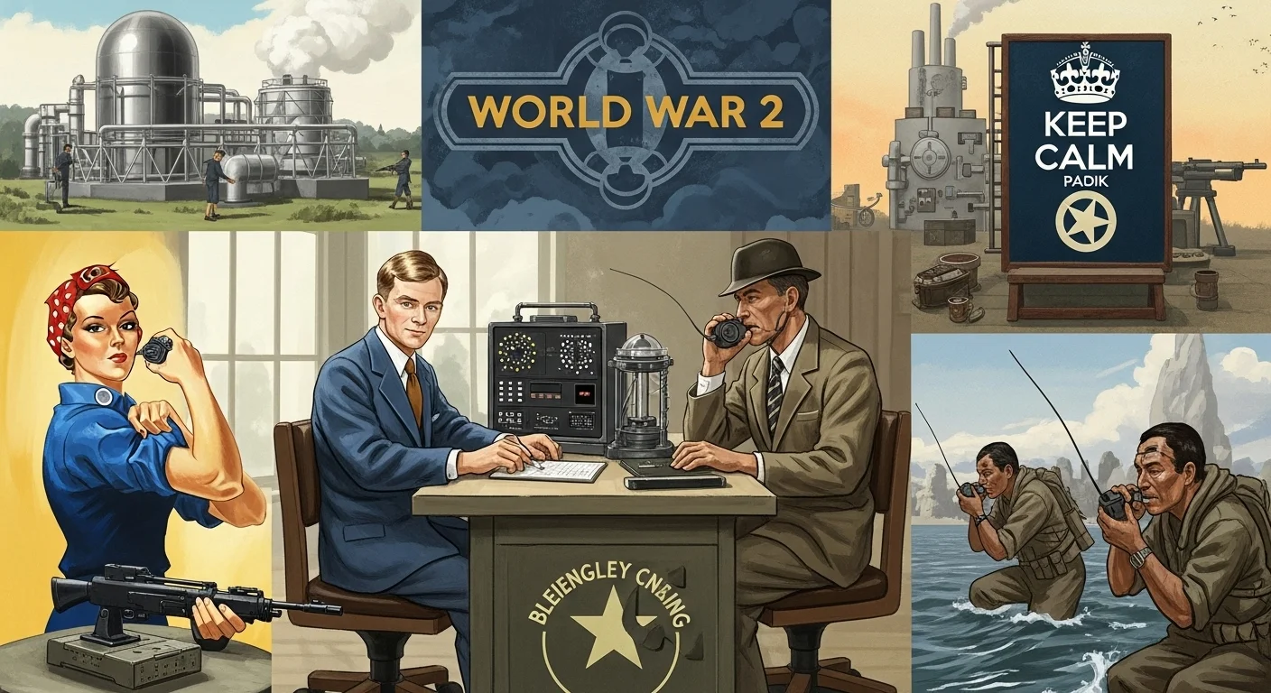 125+ World War 2 Riddles & Answers: Journey Through History 10 World War 2 composite illustration showing Manhattan Project facilities, Bletchley Park codebreaking operations, Rosie the Riveter, and military personnel