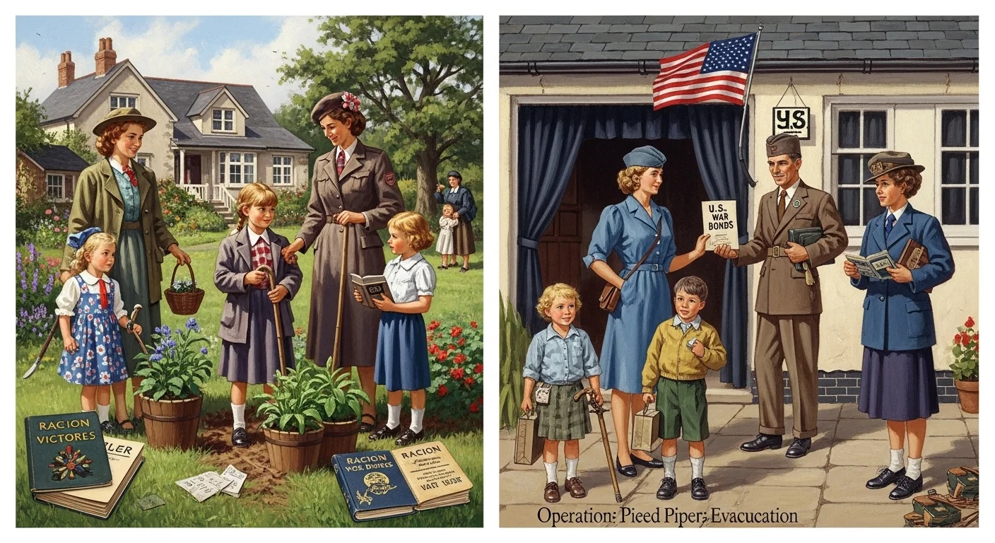 125+ World War 2 Riddles & Answers: Journey Through History 13 World War 2 home front scenes showing British families with victory gardens and Operation Pied Piper child evacuation program