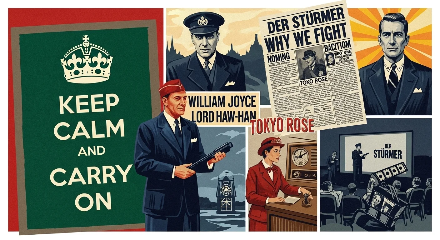 125+ World War 2 Riddles & Answers: Journey Through History 14 World War 2 propaganda compilation featuring Keep Calm and Carry On poster, Lord Haw Haw, Tokyo Rose, and Der Stürmer newspaper