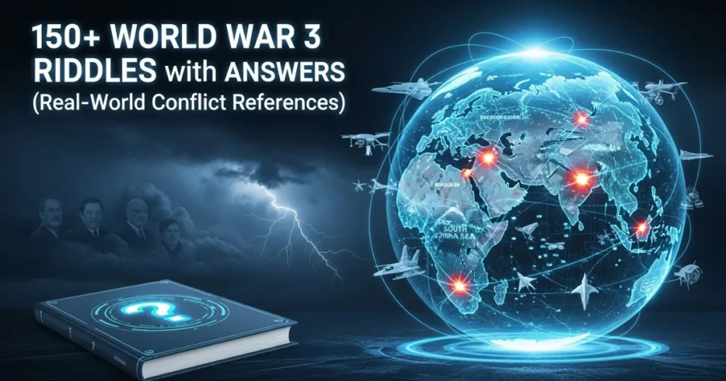 Holographic Earth displaying World War 3 conflict zones with red markers and military aircraft, alongside book titled "150+ World War 3 Riddles with Answers"