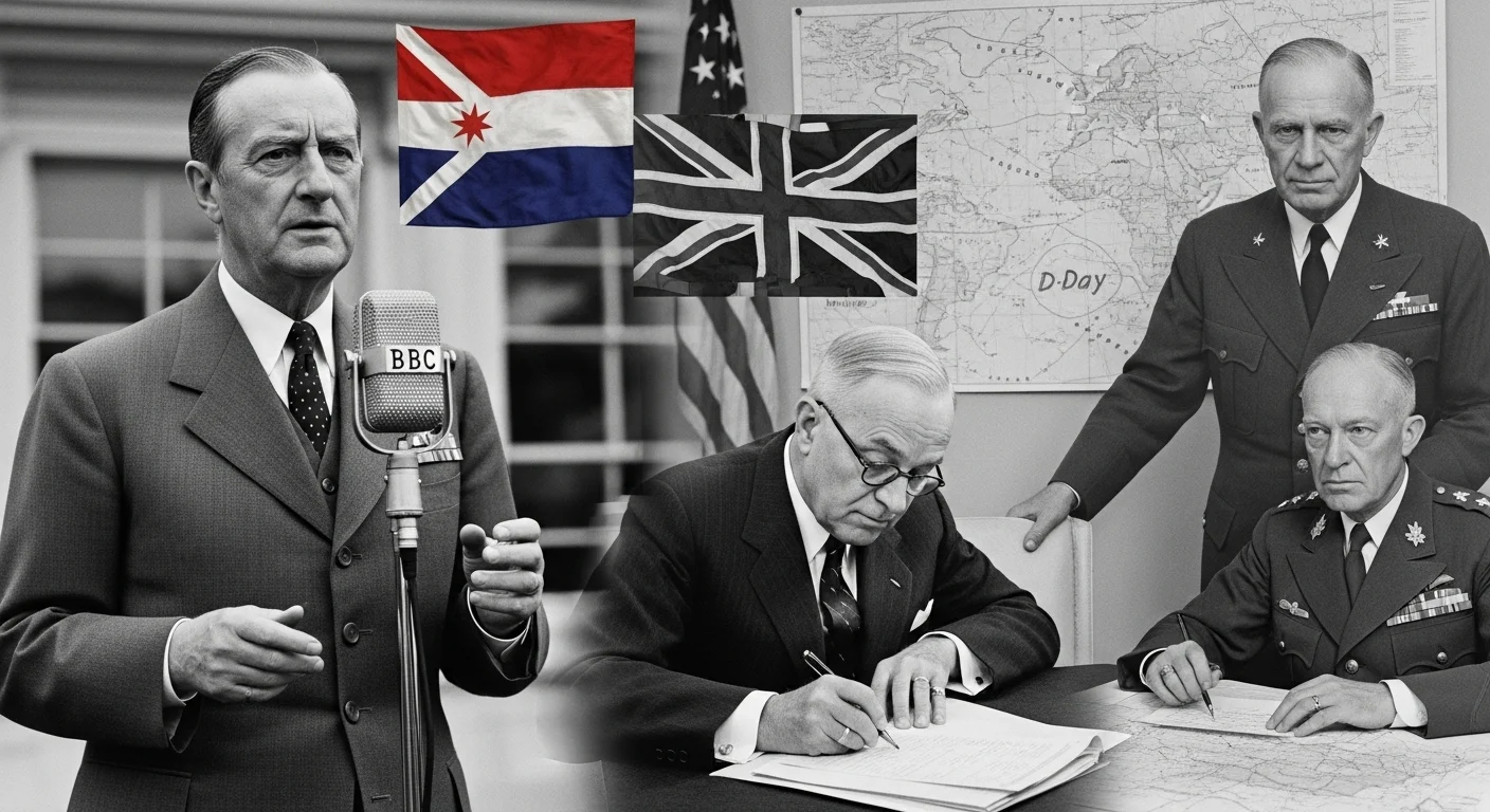 125+ World War 2 Riddles & Answers: Journey Through History 1 World War 2 Allied leaders including Churchill and military commanders during wartime BBC broadcast and strategic planning meeting
